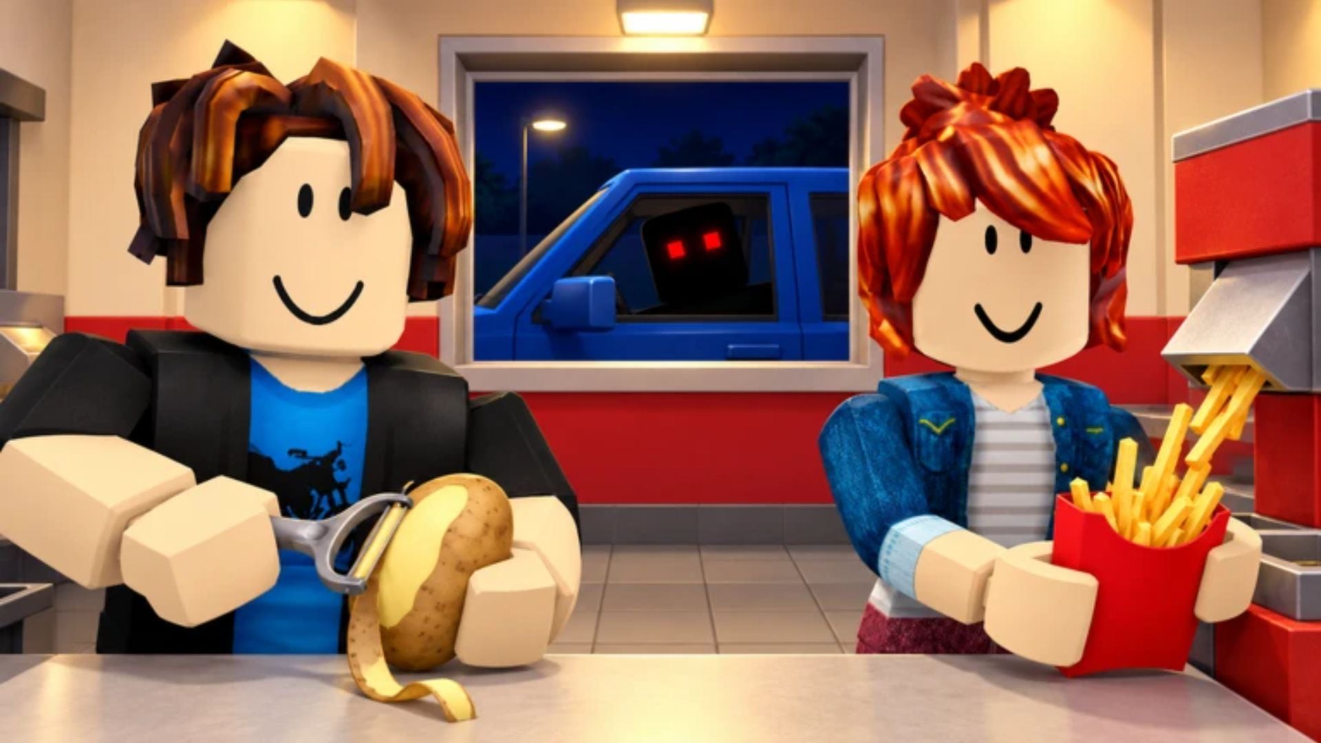 Sell Fries! [Anomaly] key art: one player peels a potato and another packs fries at the shop counter while a red-eyed figure waits in a blue pickup outside the window