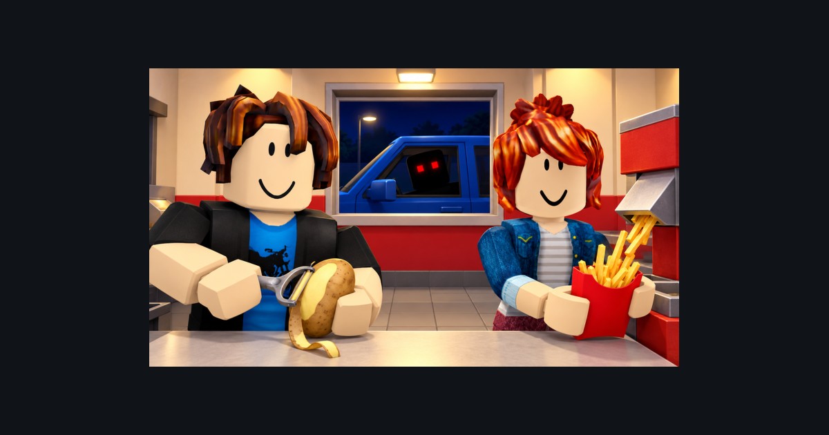 Sell Fries! [Anomaly] art of two players peeling potatoes and packing fries at the shop counter while a dark figure watches from outside at night