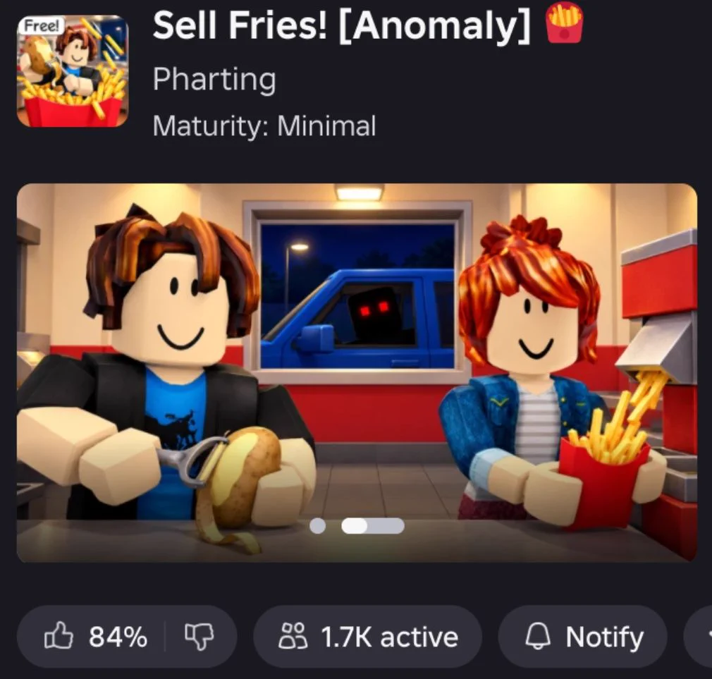 Official Roblox page artwork for Sell Fries! [Anomaly] by Pharting, showing characters preparing fries in the shop kitchen